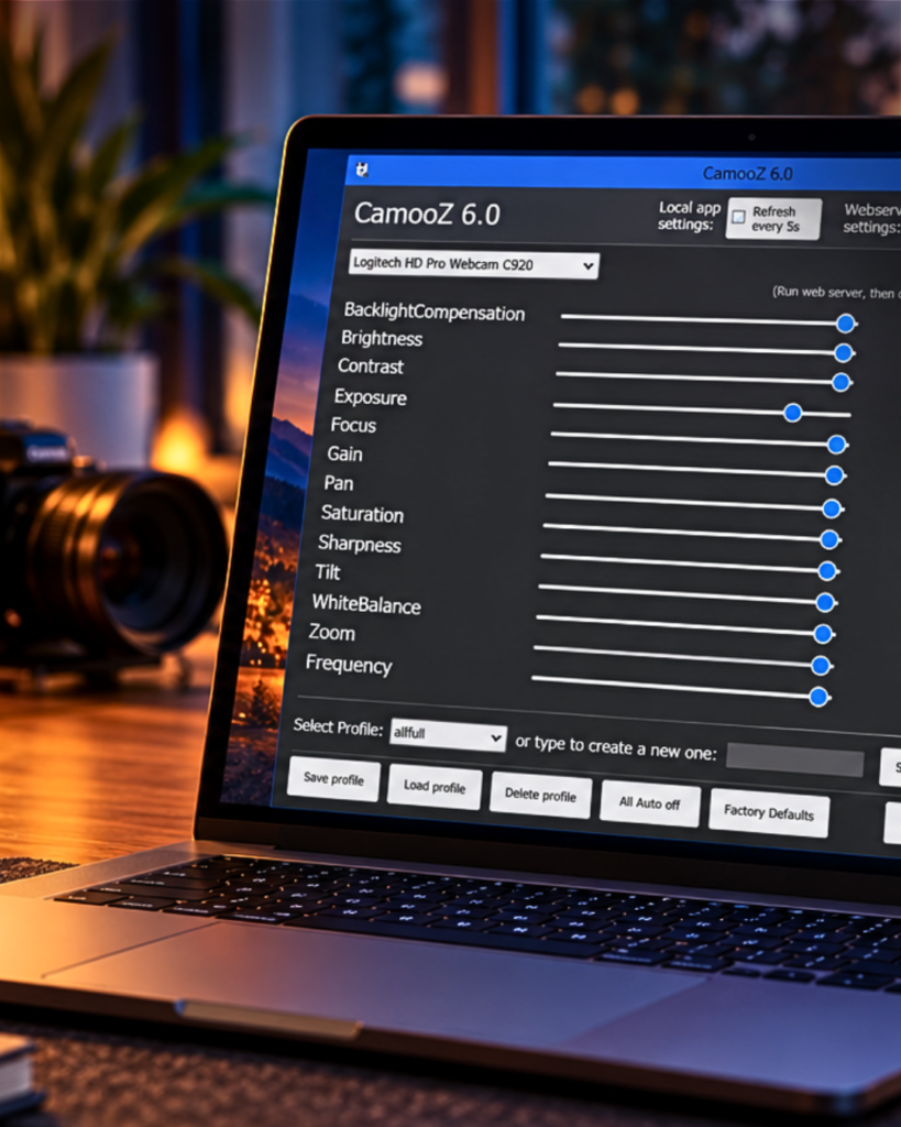 CamooZ webcam settings interface on a laptop for saving camera profiles, adjusting exposure, focus, brightness and OBS camera workflows.