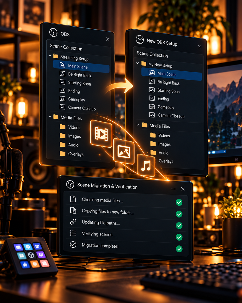 OBS Scene Migration tool for moving OBS scene collections, copying media files, updating paths and verifying project setup.
