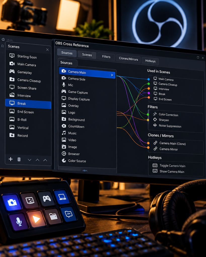 OBS Cross Reference tool for analyzing OBS scenes, sources, filters, hotkeys and source connections in complex streaming setups.